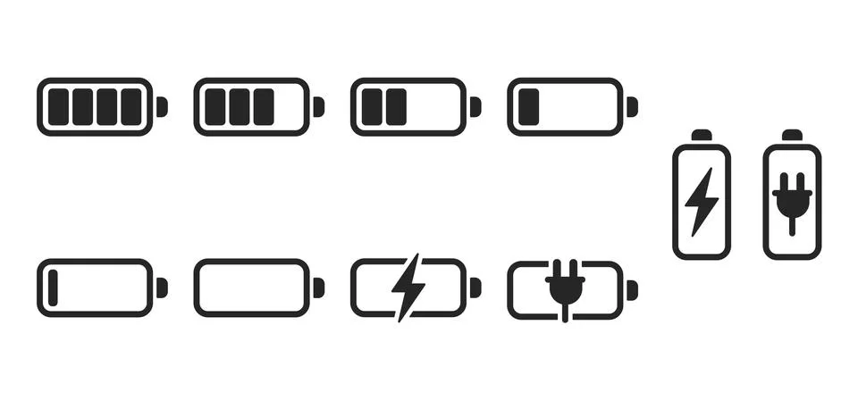 Battery charge indicator icon set different level of charge for UI energy symbol Stock Illustration