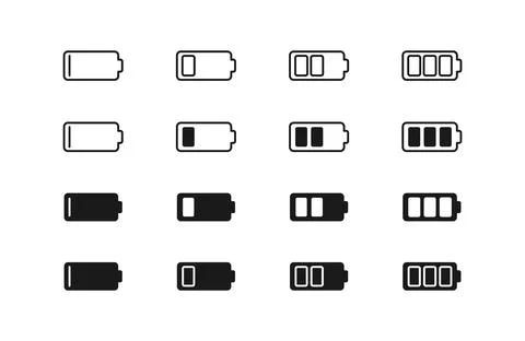 Battery charge indicator icon set. Isolated black smartphone accumulator en.. Stock Illustration