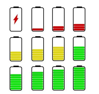 Battery charge indicator icons, battery charge status level set collection Stock Illustration