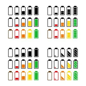 Battery charge level icon set. Symbol of power indicator of mobile phone accu Stock Illustration