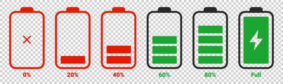 Battery charge level indicator icons set isolated on a transparent background Stock Illustration