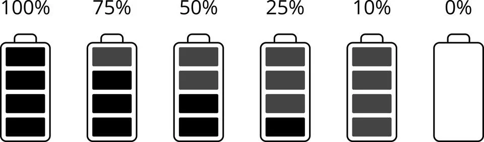Battery charge level indicator set in percent. Battery icons set Stock Illustration