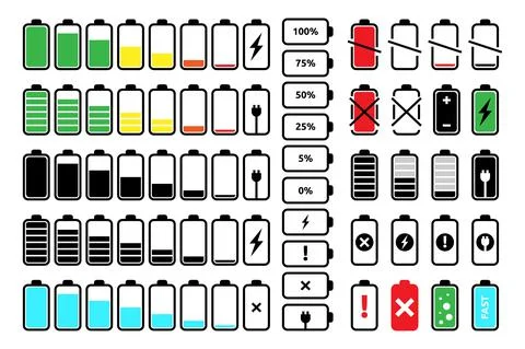 Battery charge. Low and full percentage of electric logo, empty level up gaug Stock Illustration