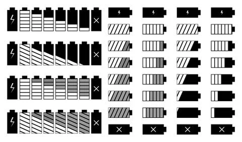 Battery charge vector icon set. Vector set of mobile interface top line icons Stock Illustration