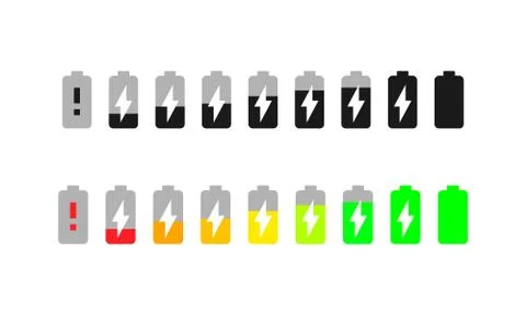 Battery charge vector icons set. Battery charge symbol isolated. Vector EPS10 Stock Illustration