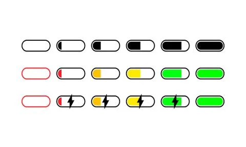 Battery charge vector icons set. Battery charge symbol isolated. Vector EPS10 Stock Illustration
