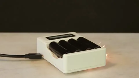 Battery charger ignites in flames while connected to outlet, causing a dangerous Stock Footage 288566810