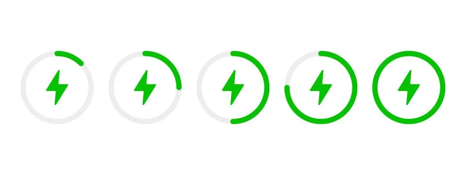 Battery charging circle indicator icon set. Green round battery power level.. Stock Illustration