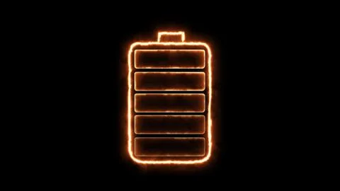 Battery charging fire indicator level low to full on black background. Neon.. Ilustración de archivo