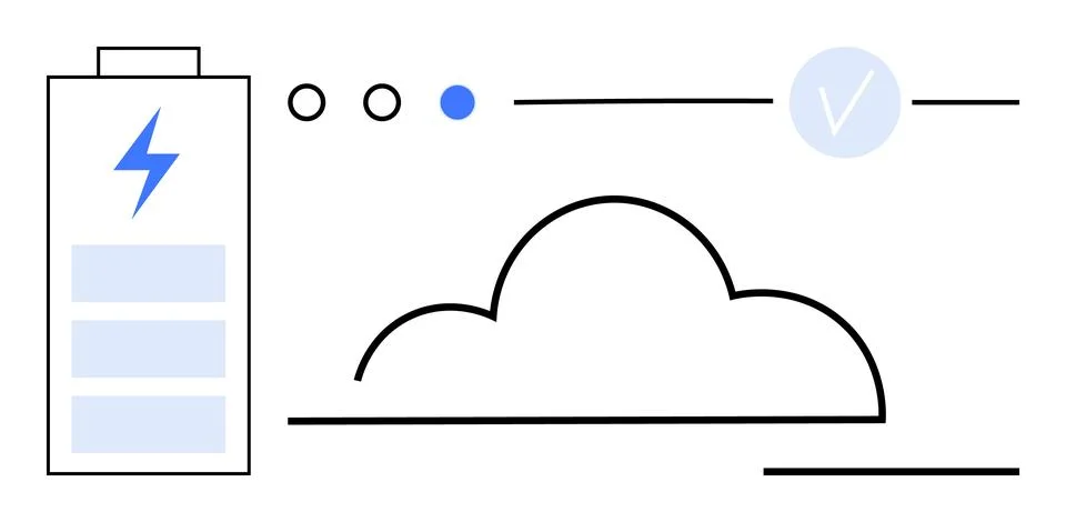 Battery charging with lightning bolt, cloud in center, checkmark, and dots. I Stock Illustration