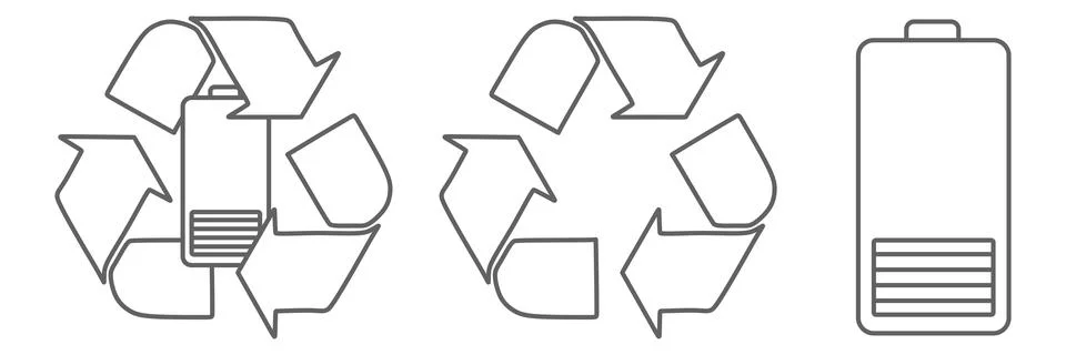 Battery, charging, low, warning and recycling sign. icons set. Line vector .. Stock Illustration