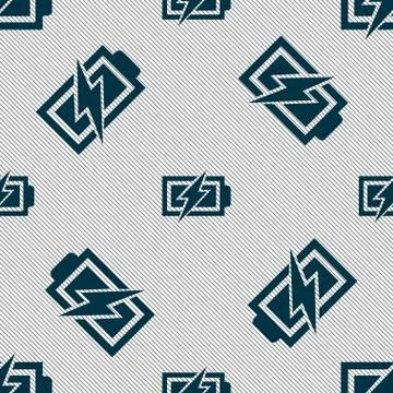 Battery charging sign icon. Lightning symbol. Seamless pattern with geometric Illustrazione stock