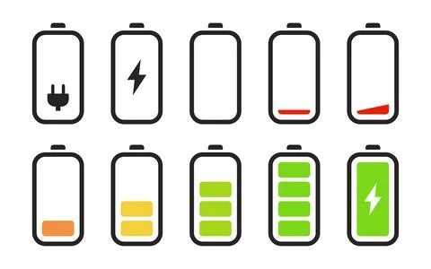 Battery charging status icon set. Mobile phone power level indicator vector.. Stock Illustration