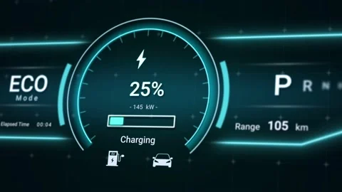 Battery charging status interface on electric vehicle Stock Footage 229167471