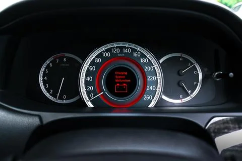 A battery charging system malfunction is displayed on the vehicle dashboard Stock Photos