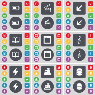 Battery, Clapper, Deploying screen, Book, Window, Clef, Flash, Cash register, Da 스톡 일러스트
