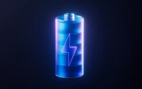 Battery with dark neon light effect, 3d rendering. Stock Illustration