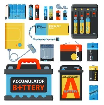 Battery energy save accumulator vector tools electricity charge fuel positive Stock Illustration