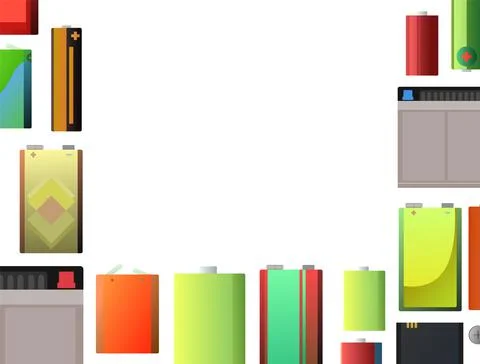 Battery Energy source. Composition frame. Electricity accumulator. Galvanic c Stock Illustration