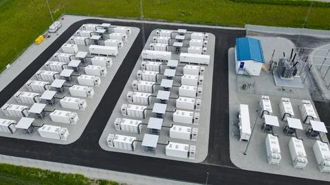 Battery energy storage system connecting to power grid Stock Photos