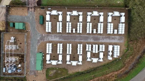 Battery energy storage systems BESS array, grid stability and energy supply Stock-Footage 330503897