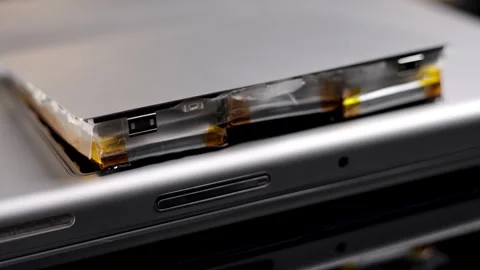 Battery exploded on lap top close up. Damaged lithium ion battery. Stock Footage 263943003