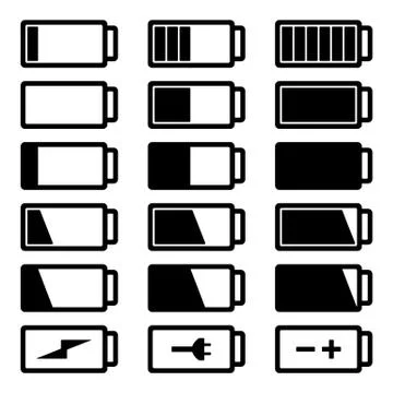 Battery flat black icon set vector illustration isolated on white background Stock Illustration