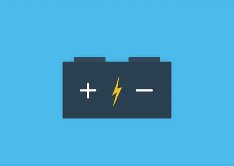 Battery in flat design with blue background. Illustrazione stock