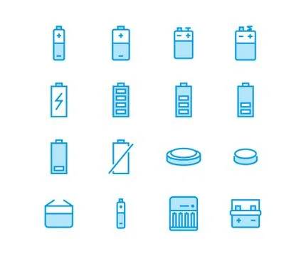 Battery flat line vector icons. Batteries varieties illustrations - aa, alkaline Stock Illustration