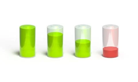 Battery from fully charged to discharged. 3D battery on a white background. Illustrazione stock