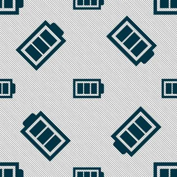 Battery fully charged sign icon. Electricity symbol. Seamless pattern with geome Illustrazione stock