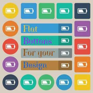 Battery half level icon sign. Set of twenty colored flat, round, square and rect Ilustración de archivo