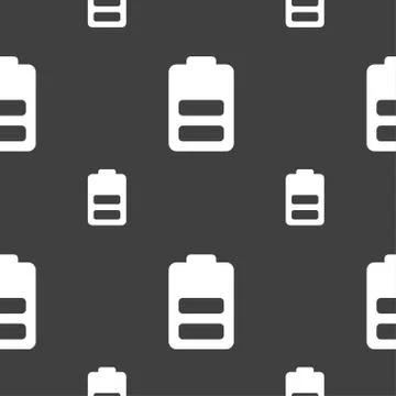 Battery half level, Low electricity icon sign. Seamless pattern on a gray backgr Stock Illustration