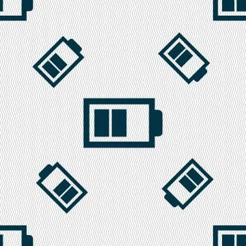 Battery half level sign icon. Low electricity symbol. Seamless pattern with g 스톡 일러스트