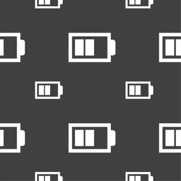 Battery half level sign icon. Low electricity symbol. Seamless pattern on a g Stock Illustration