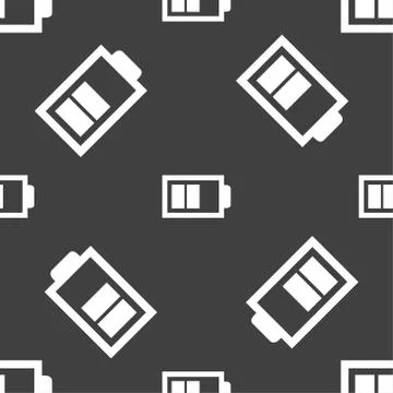 Battery half level sign icon. Low electricity symbol. Seamless pattern on a g Stock Illustration