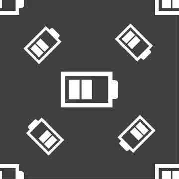 Battery half level sign icon. Low electricity symbol. Seamless pattern on a g Stock Illustration