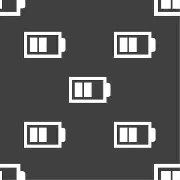 Battery half level sign icon. Low electricity symbol. Seamless pattern on a g Stock Illustration