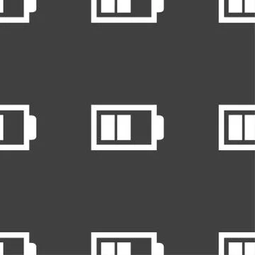 Battery half level sign icon. Low electricity symbol. Seamless pattern on a g Illustrazione stock