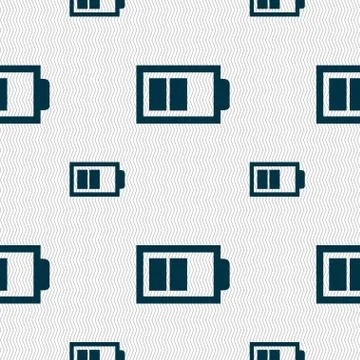 Battery half level sign icon. Low electricity symbol. Seamless pattern with geom Illustrazione stock