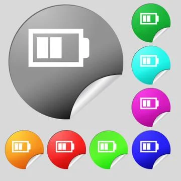 Battery half level sign icon. Low electricity symbol. Set of eight multi colored Ilustración de archivo