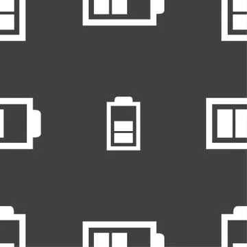 Battery half level sign icon. Low electricity symbol. Seamless pattern on a gray Stock Illustration