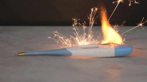 The battery has ignited in the electronic thermometer, fire, flame and sparks ar Stock Footage 232330138