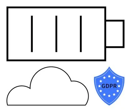 Battery icon above a cloud shape with a blue GDPR shield symbol. Ideal for da Stock Illustration