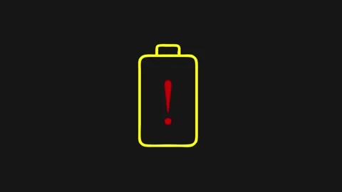 Battery icon blinking with warning sign in yellow outline on black backgrou.. Stock Footage 340609991