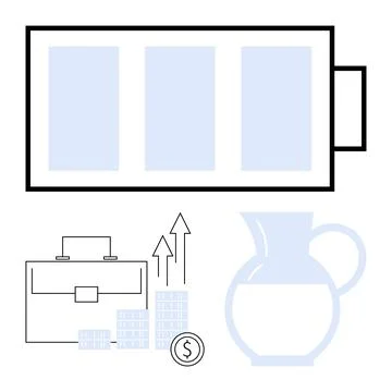 Battery icon, briefcase with bar graphs and upwards arrow, liquid pitcher rep Stock Illustration
