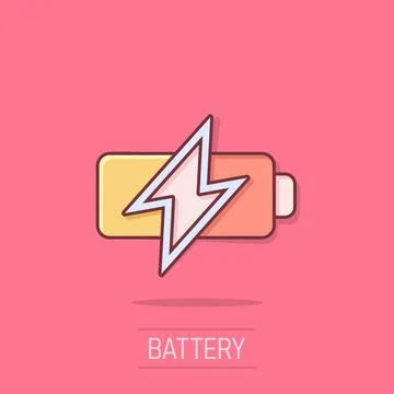 Battery icon in comic style. Accumulator cartoon vector illustration on iso.. Stock Illustration
