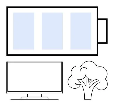 Battery Icon with Computer Screen and Tree Conveying Energy Efficiency and .. Stock Illustration