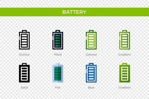 Battery icon in different style. Battery vector icons designed in outline, .. Illustrazione stock