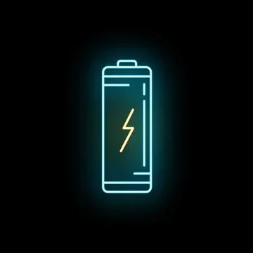 Battery icon illuminating neon light on dark background Stockillustratie